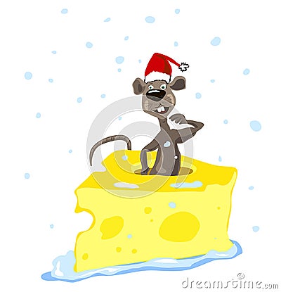 Confused funny cartoon brown rat in a red cap climbs out of a piece of cheese Stock Photo